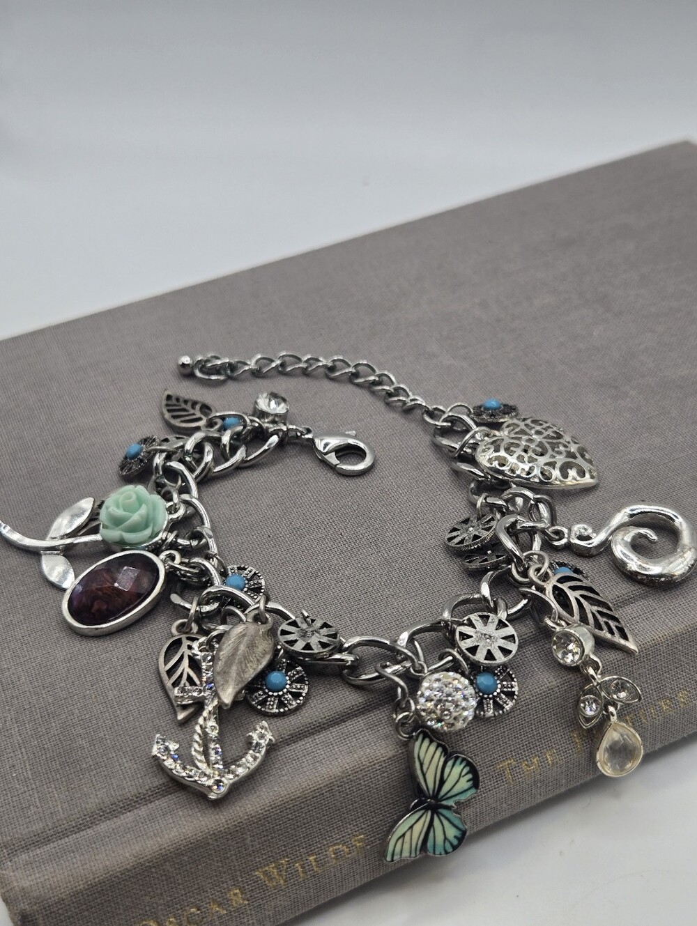 Silver-Tone Chunky Charm Bracelet Whimsical Butterfly Rose Anchor Heart 9"